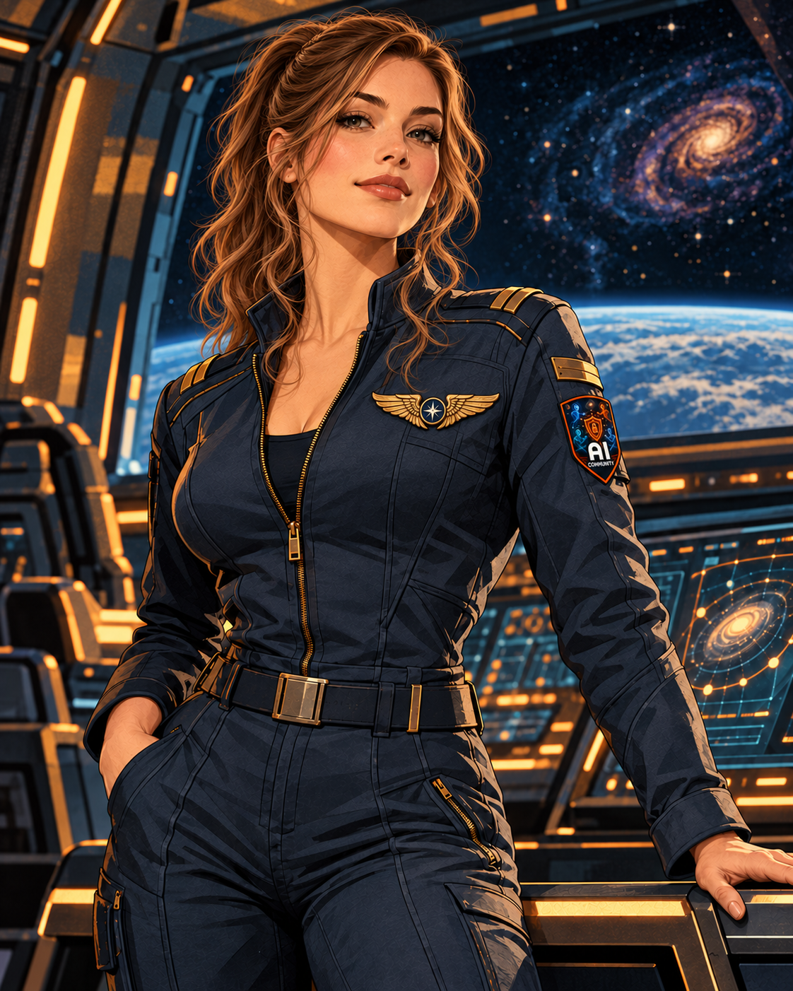Annie Albaugh aboard a spacecraft, with Earth beyond the window