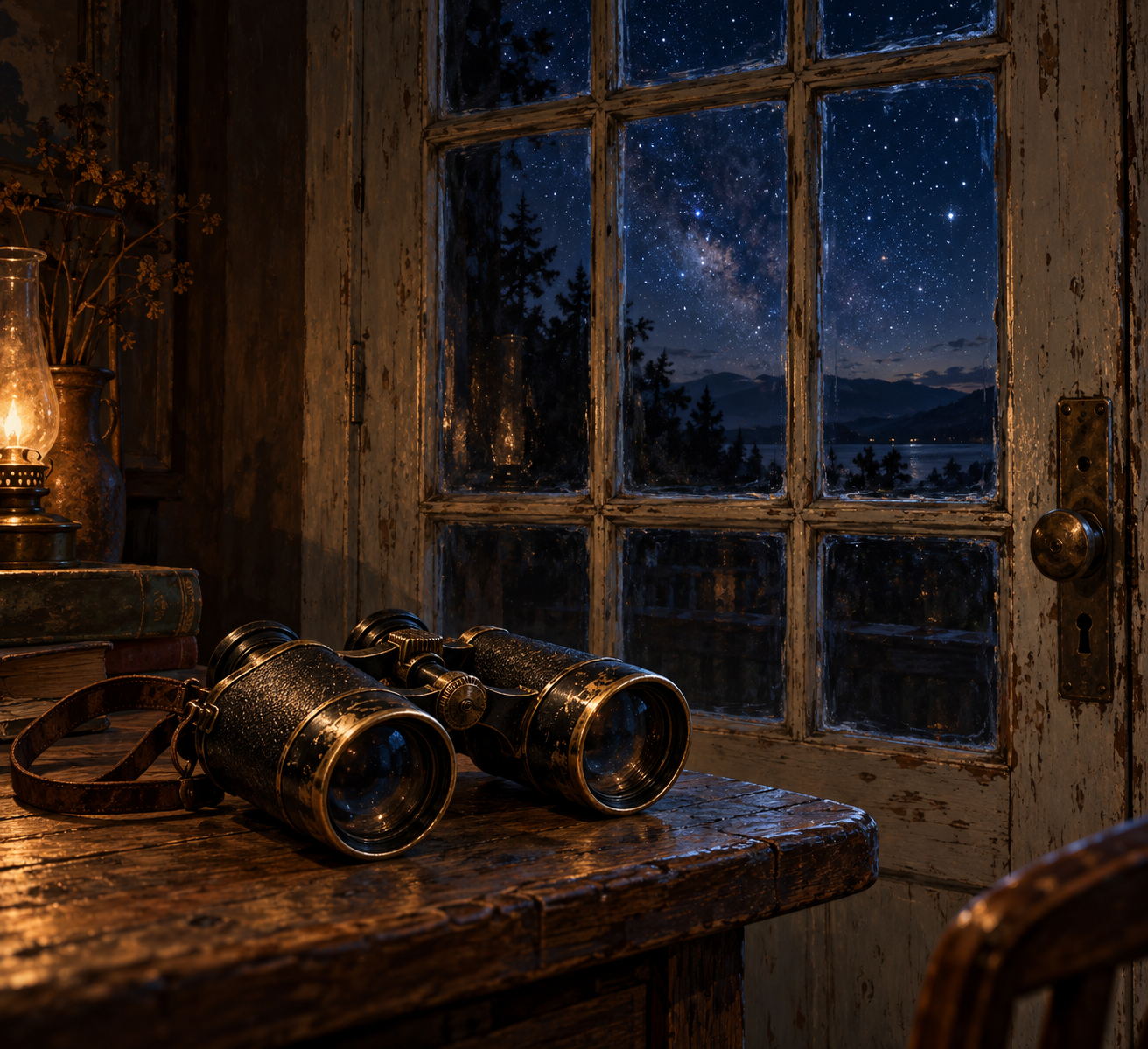 Binoculars beside a starlit paned door