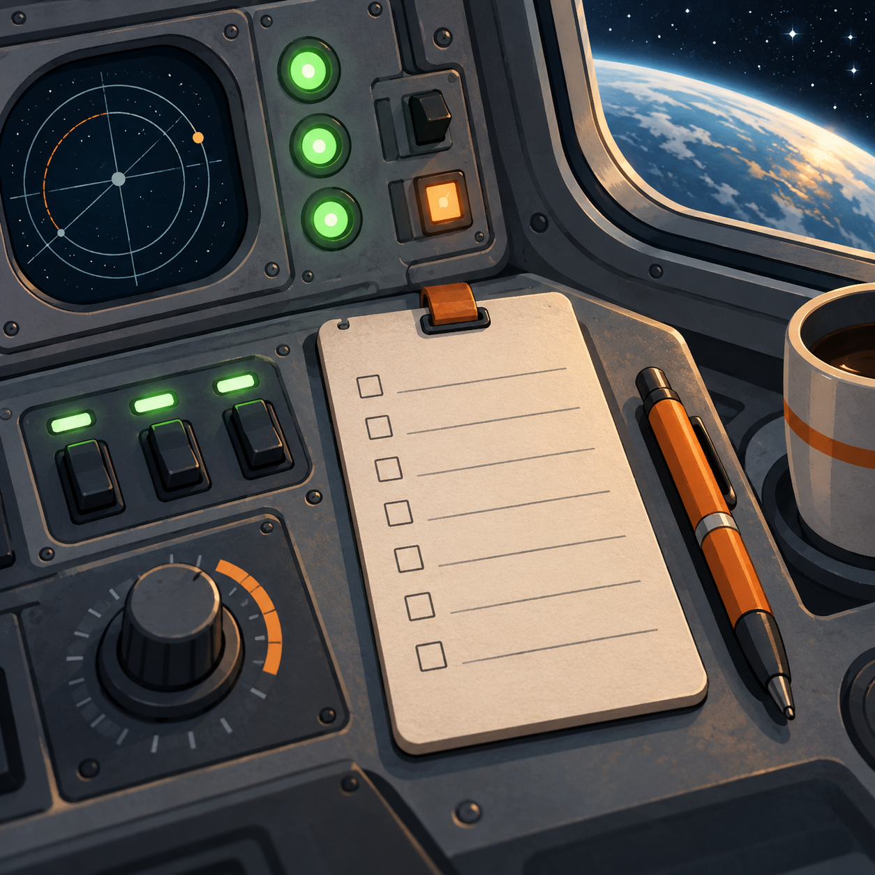 A spacecraft control panel and a blank checklist